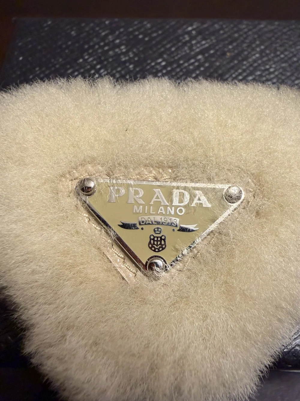 New Authentic Prada Logo Triangular Faux Fur Hair Clip
